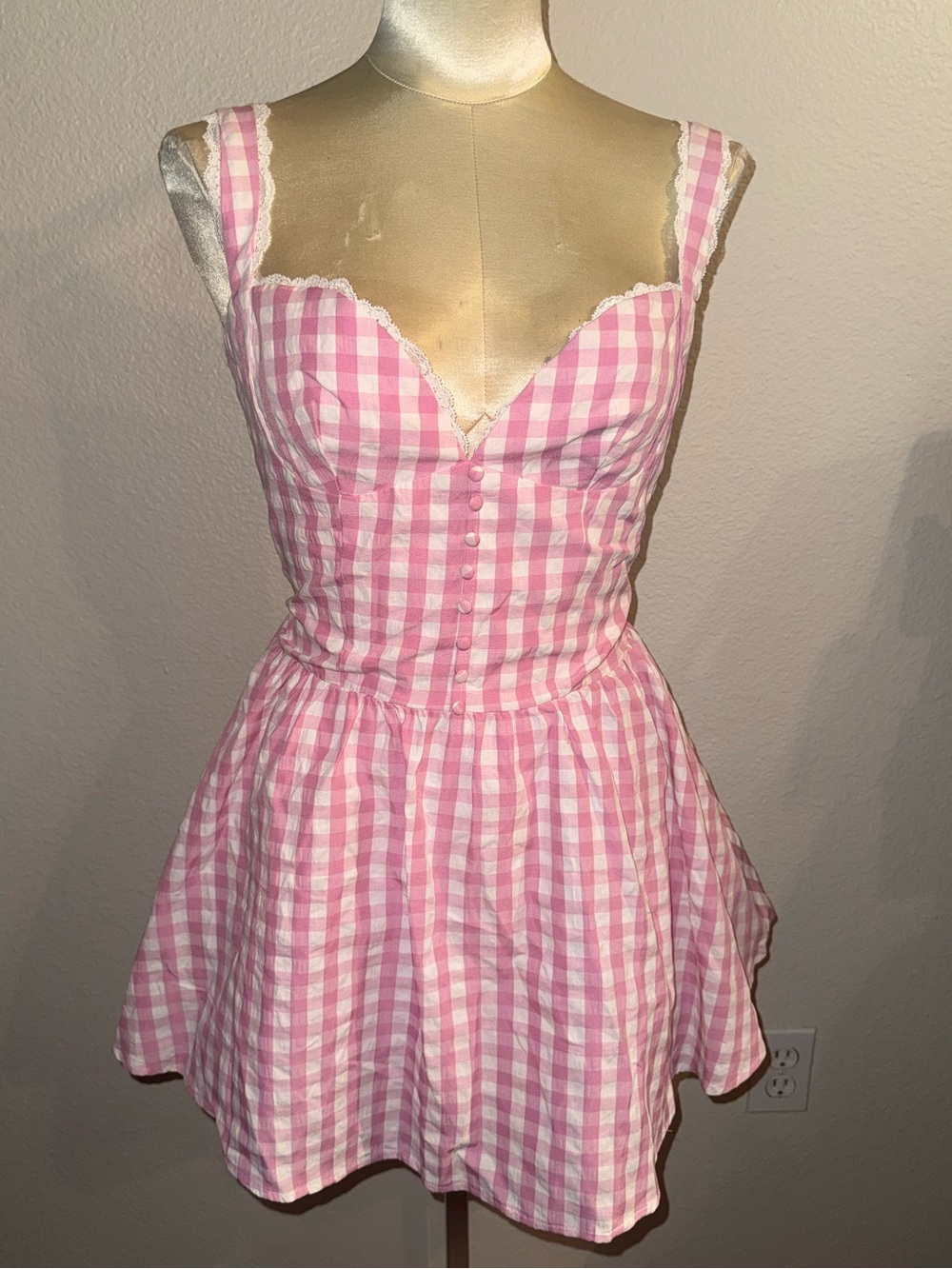 NWOT Unique Vintage Pink Gingham Lace Trim Mini Dress Size XL